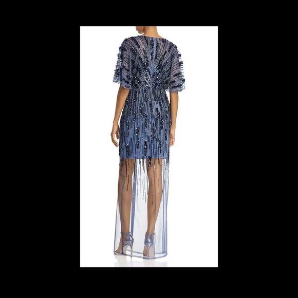 Women’s Formal Dress AIDAN MATTOX Size 10 Blue Beaded Short Sleeve AUTHENTIC NEW - Picture 5 of 11